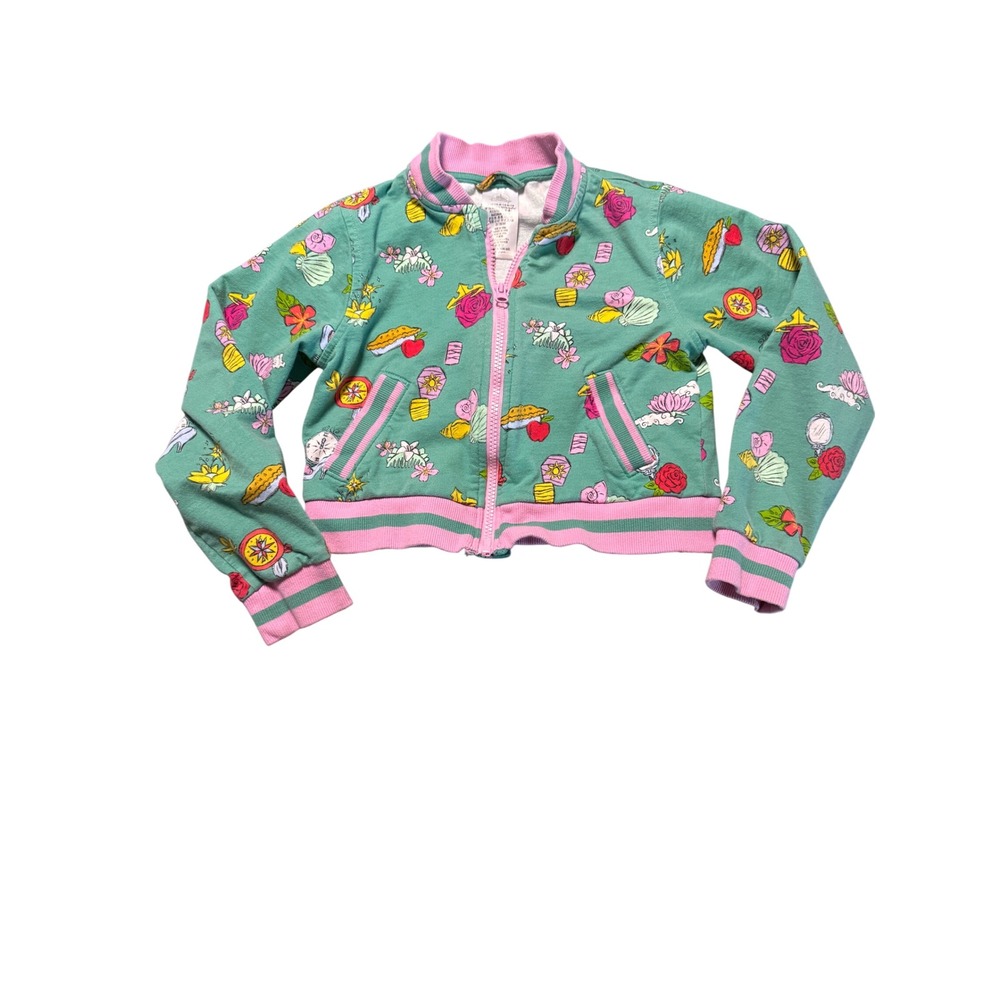 Disney Girl Pink Green Zipper Varsity Jacket Character Print Princess Size 7/8